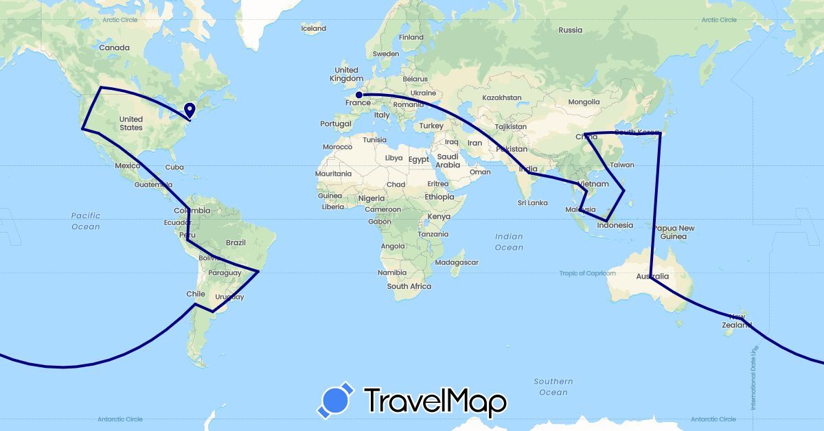 TravelMap itinerary: driving in Argentina, Australia, Bolivia, Brazil, Canada, Chile, China, Colombia, France, Hong Kong, Indonesia, India, Japan, Cambodia, South Korea, Malaysia, New Zealand, Peru, Philippines, Thailand, United States (Asia, Europe, North America, Oceania, South America)